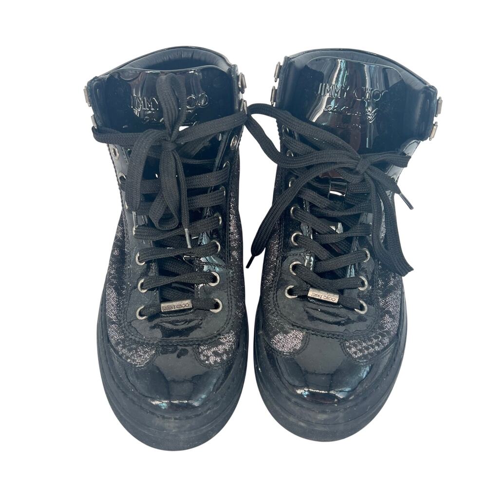 Jimmy Choo Black & Silver Snakeskin Patent Leather High Top Sneakers 39.5